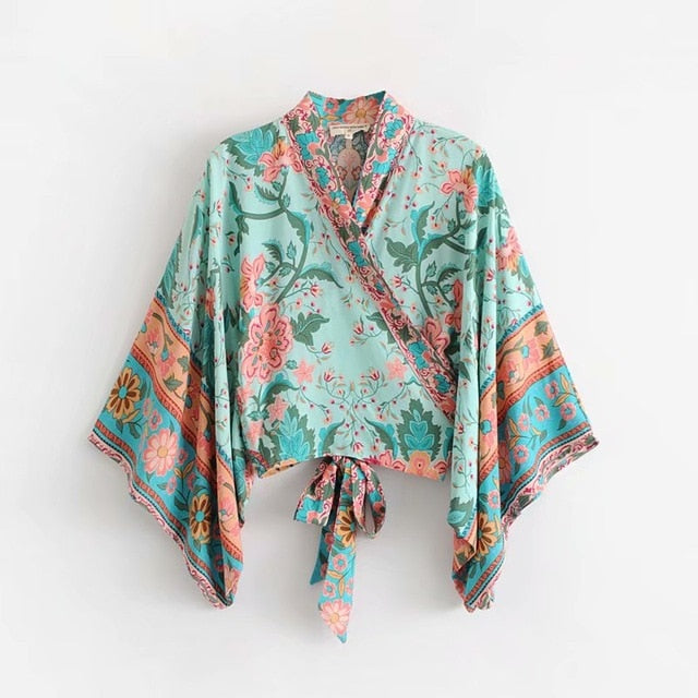 Boho Chic Vintage Floral Print Kimono Top